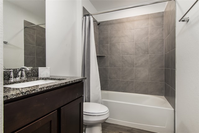 full bathroom featuring shower / bathtub combination with curtain, vanity, toilet, and wood-type flooring