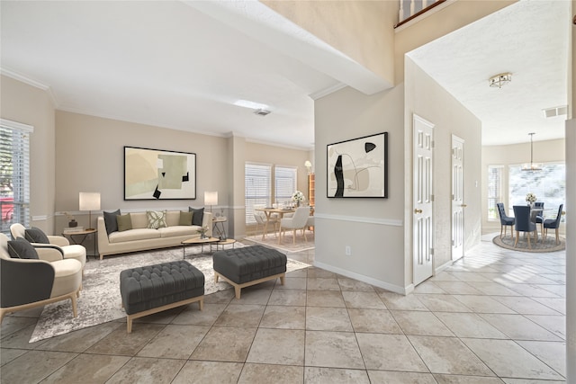 tiled living room with ornamental molding