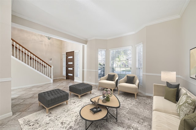 tiled living room featuring ornamental molding