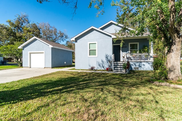 single story home with an outdoor structure, covered porch, a front yard, and a garage