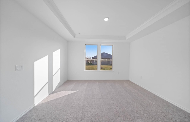 empty room with light colored carpet, a raised ceiling, and ornamental molding