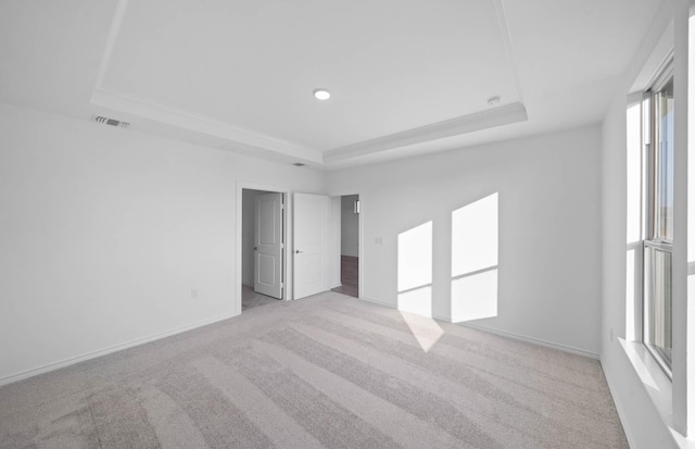 unfurnished room with a raised ceiling and light colored carpet