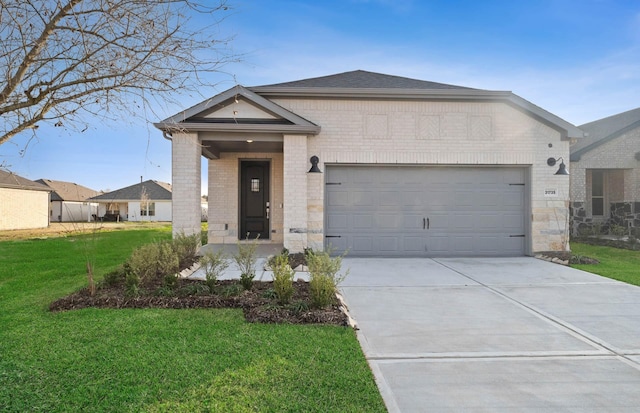 ranch-style house with a front yard and a garage