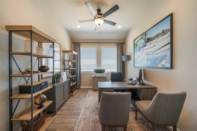 home office featuring ceiling fan and light wood-type flooring