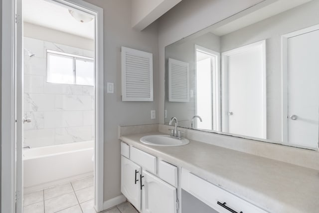 bathroom featuring tile patterned flooring, vanity, and tiled shower / bath combo