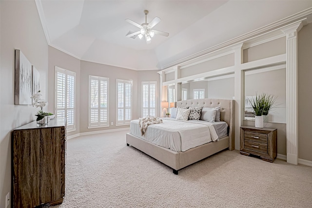 bedroom featuring ceiling fan, carpet floors, and crown molding