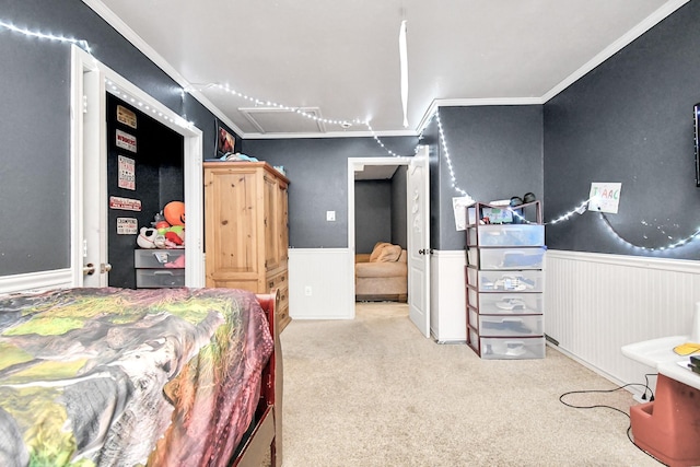 bedroom featuring crown molding and light carpet