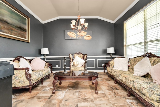 living room with crown molding, a wealth of natural light, and lofted ceiling