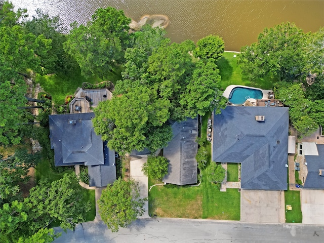 birds eye view of property featuring a water view