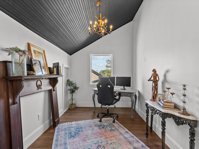 office space with hardwood / wood-style flooring, wooden ceiling, lofted ceiling, and an inviting chandelier