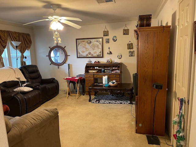 315 20th St, San Leon, TX 77539 - living room featuring light colored carpet, ceiling fan, and crown molding