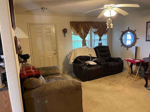 315 20th St, San Leon, TX 77539 - carpeted living area featuring ornamental molding and a ceiling fan