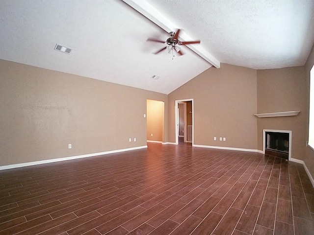 unfurnished living room with vaulted ceiling with beams, ceiling fan, and dark hardwood / wood-style flooring