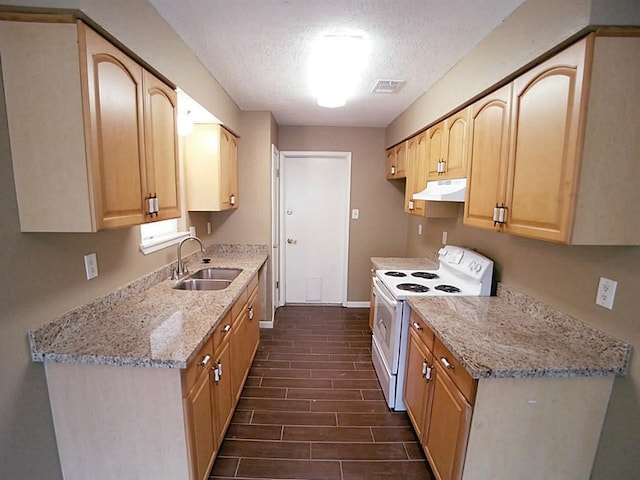 kitchen featuring a textured ceiling, sink, white electric stove, and light brown cabinetry