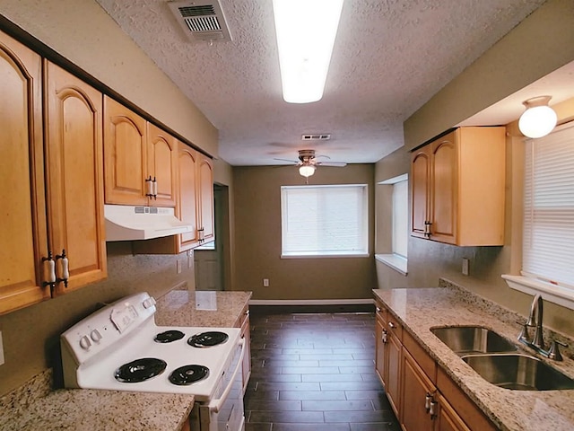 kitchen with ceiling fan, sink, dark hardwood / wood-style flooring, white range with electric stovetop, and a textured ceiling