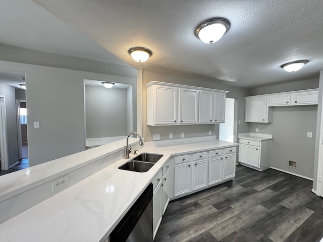 kitchen featuring light stone countertops, sink, stainless steel dishwasher, dark hardwood / wood-style floors, and white cabinets