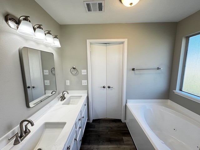 bathroom featuring a washtub, vanity, a healthy amount of sunlight, and wood-type flooring