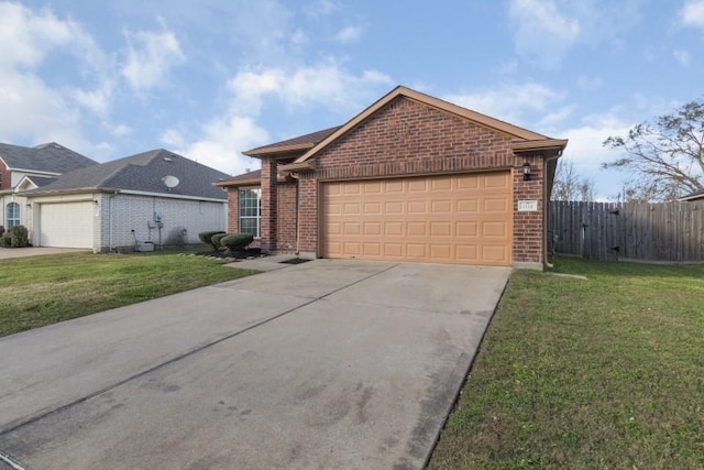 ranch-style home with a front lawn and a garage