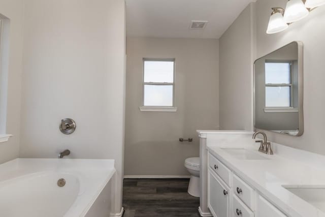 bathroom with plenty of natural light, a bathtub, vanity, and toilet