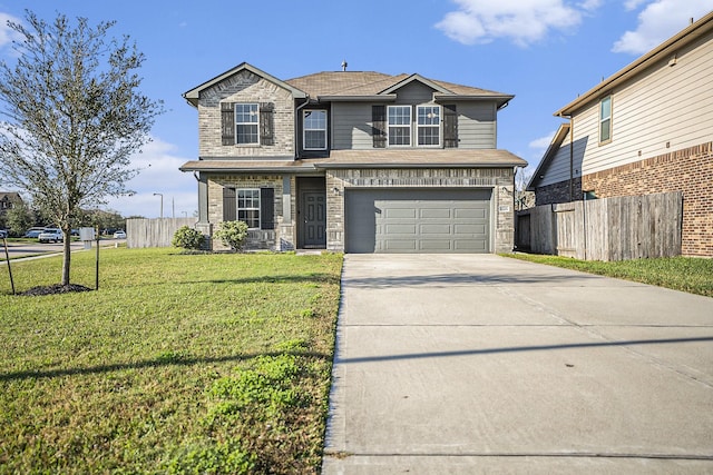 front facade with a garage and a front lawn