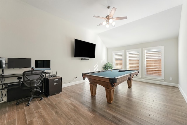 playroom featuring light wood-type flooring, vaulted ceiling, ceiling fan, and pool table