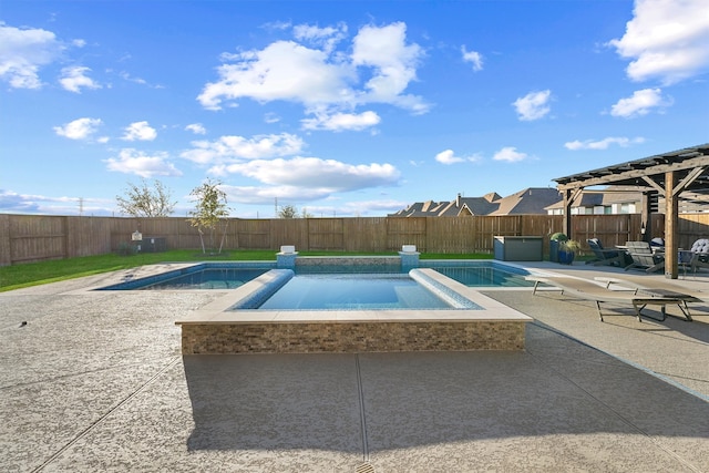 view of pool with a pergola, an in ground hot tub, and a patio