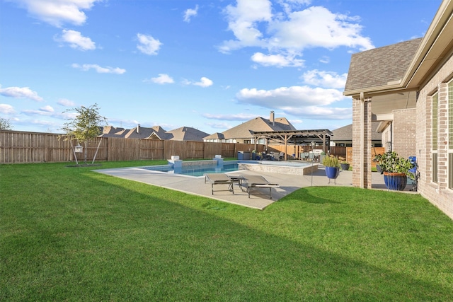 view of yard with a fenced in pool, a patio area, and a pergola