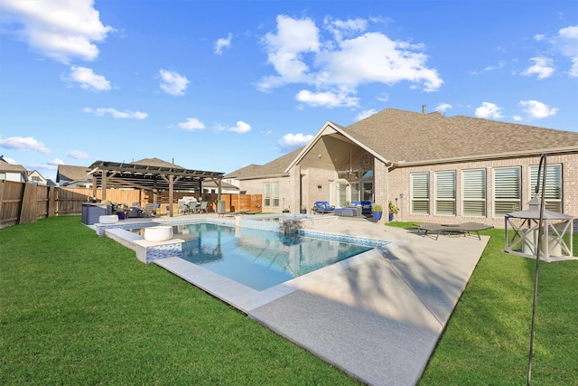 view of swimming pool featuring a yard, a pergola, and a patio