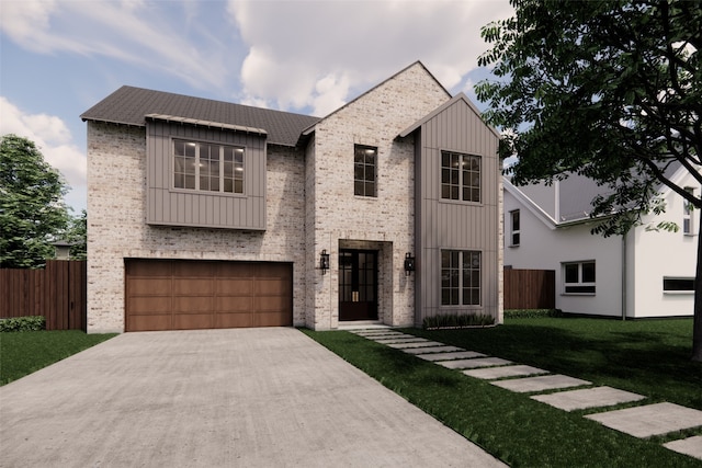 contemporary house with brick siding, an attached garage, fence, and concrete driveway