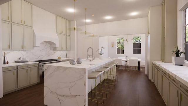 kitchen featuring dark hardwood / wood-style flooring, a center island with sink, stainless steel stove, and pendant lighting