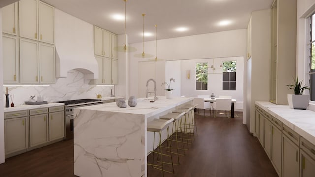 kitchen featuring dark wood-style flooring, light stone counters, an island with sink, high end stove, and decorative backsplash