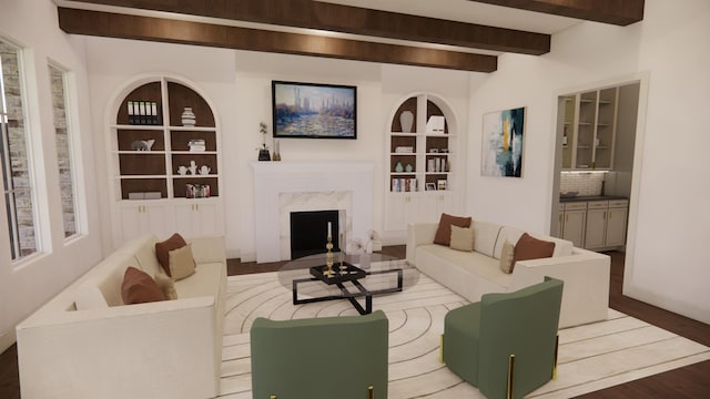 living room featuring built in shelves, a premium fireplace, hardwood / wood-style floors, and beamed ceiling