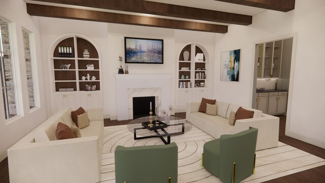 living room with built in features, a fireplace, wood finished floors, and beam ceiling