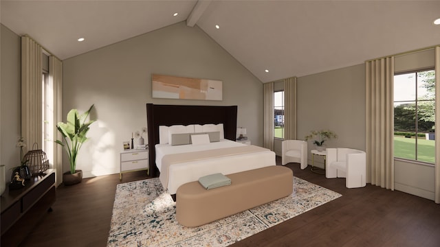 bedroom featuring dark wood-type flooring, recessed lighting, beamed ceiling, and high vaulted ceiling