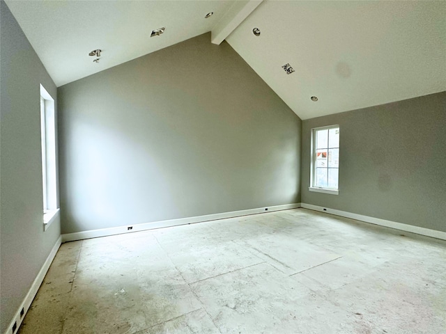 unfurnished room featuring high vaulted ceiling, beamed ceiling, and baseboards