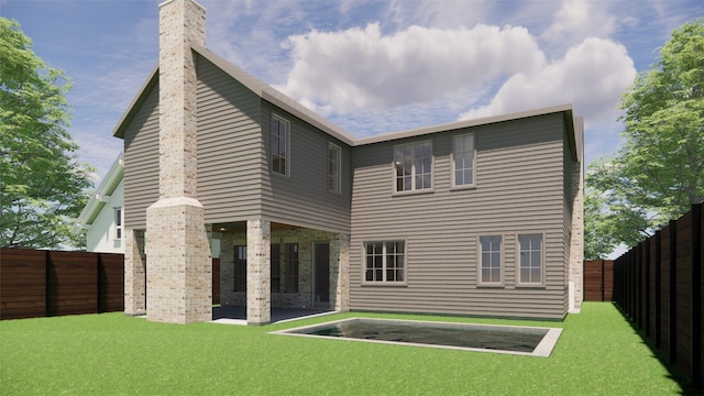 back of house with a fenced backyard, a patio, and a yard