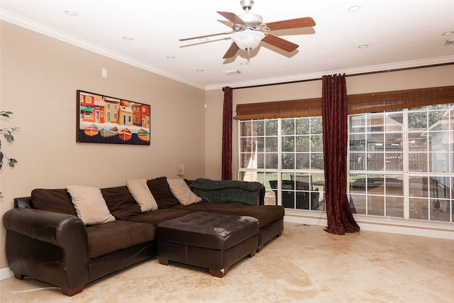 living room featuring ceiling fan and crown molding