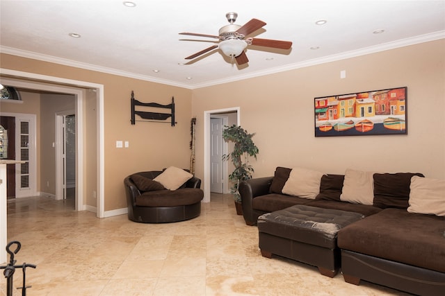 living room featuring ceiling fan and ornamental molding