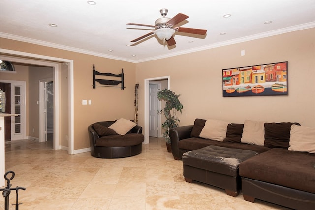 2214 Crimson Cove Ct, League City, TX 77573 - living room with a ceiling fan, crown molding, baseboards, and recessed lighting