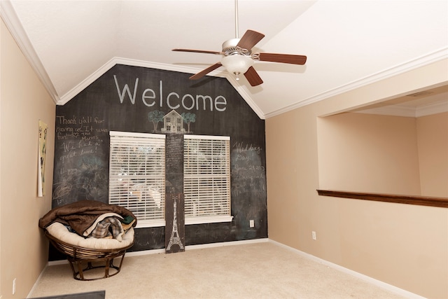 unfurnished room with crown molding, carpet floors, and lofted ceiling