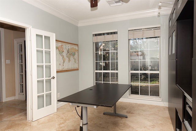 home office with ceiling fan and ornamental molding