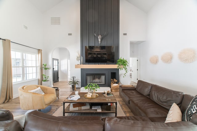 living room with light wood-type flooring and high vaulted ceiling