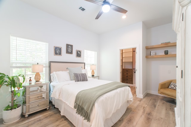 bedroom featuring a closet, a walk in closet, light hardwood / wood-style floors, and ceiling fan