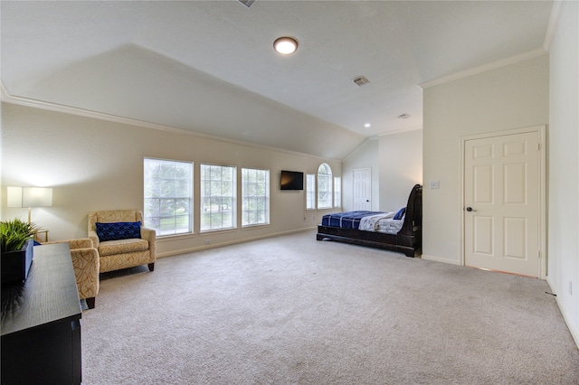 bedroom featuring carpet floors, vaulted ceiling, and ornamental molding