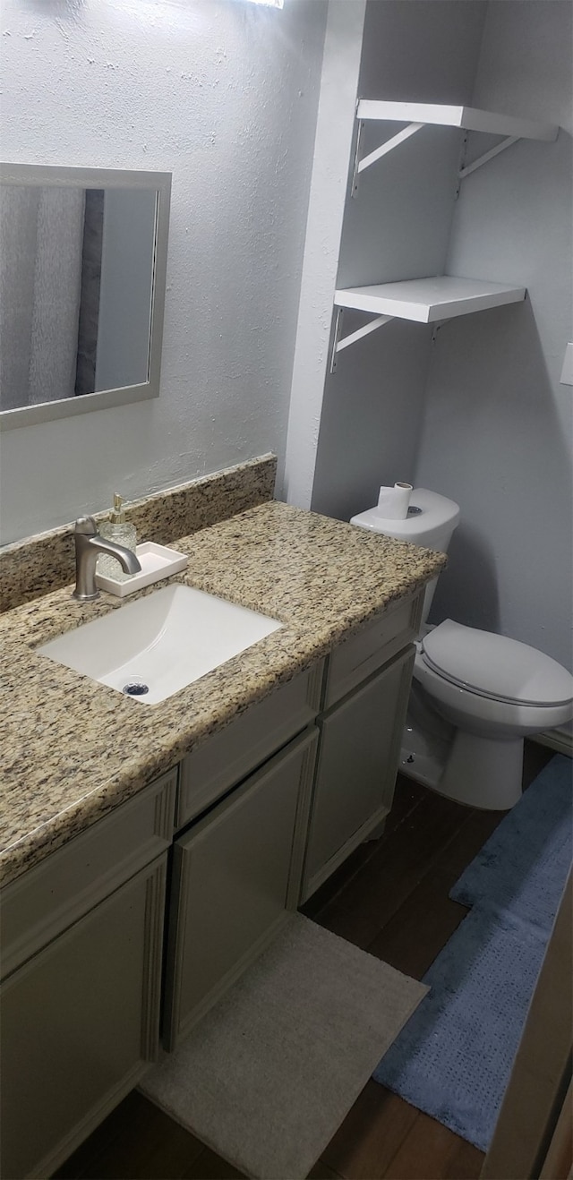 bathroom with hardwood / wood-style floors, toilet, and vanity