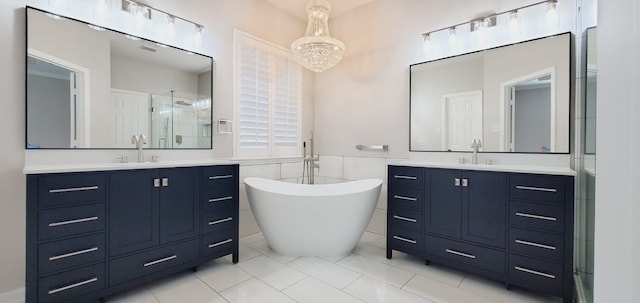 bathroom with tile patterned flooring, shower with separate bathtub, vanity, and tile walls