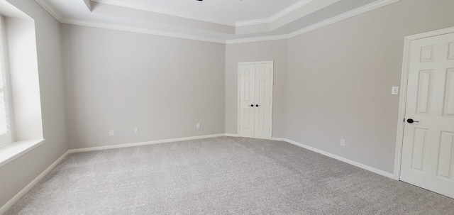 carpeted spare room featuring a raised ceiling and ornamental molding