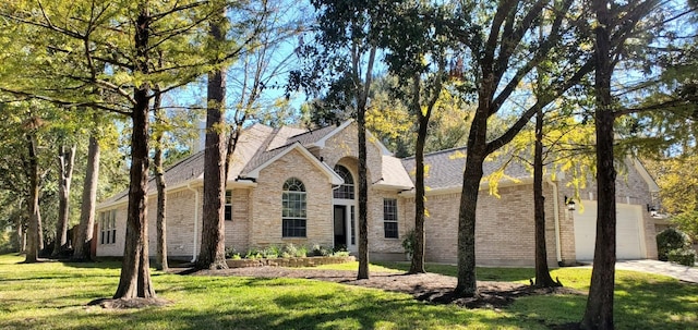 view of front of house with a front lawn and a garage