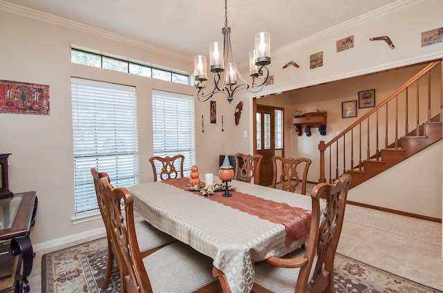 tiled dining area with crown molding and an inviting chandelier