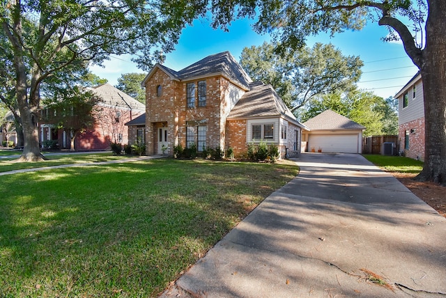 view of front of property featuring a garage, a front lawn, and cooling unit